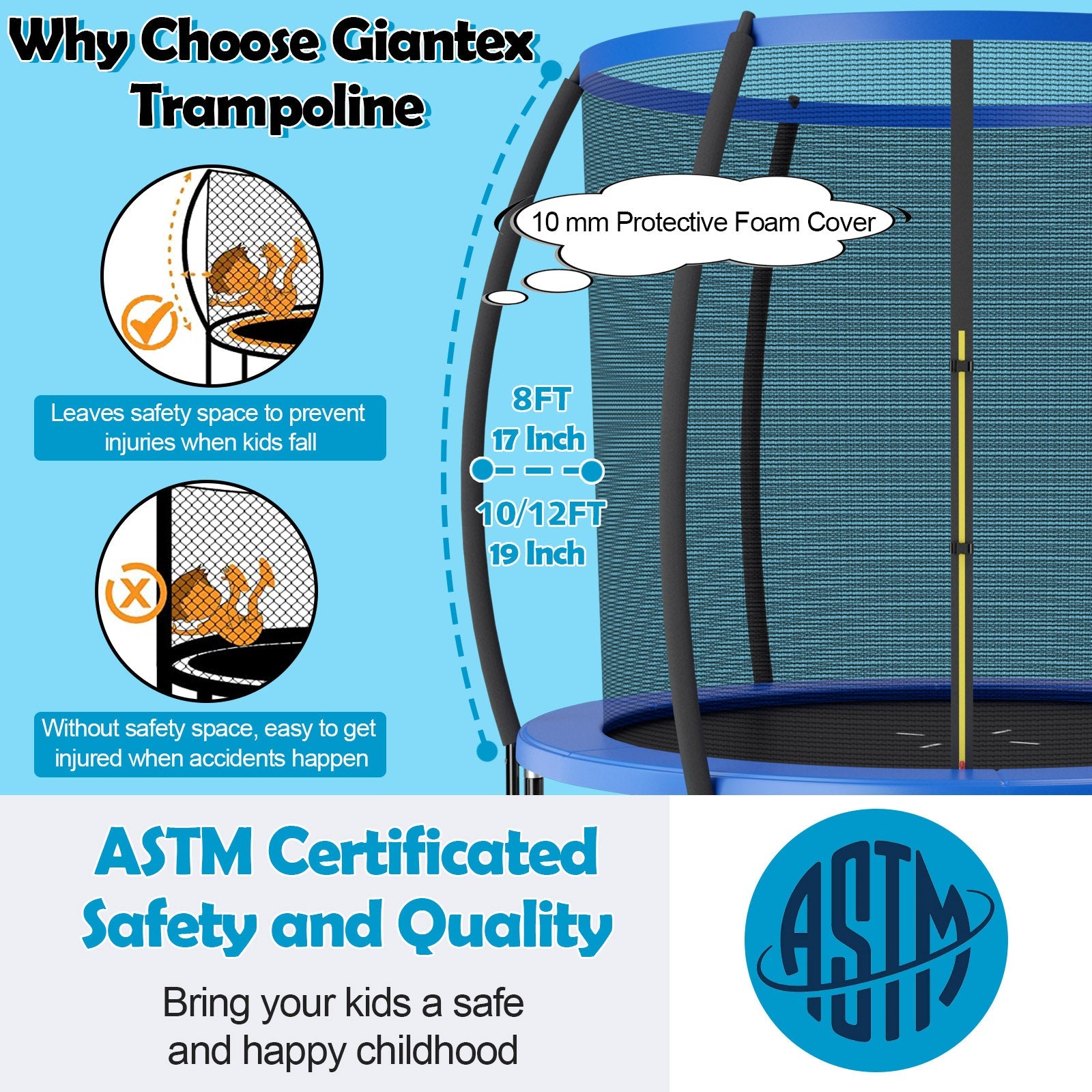 10 Feet ASTM Approved Recreational Trampoline with Ladder-Blue