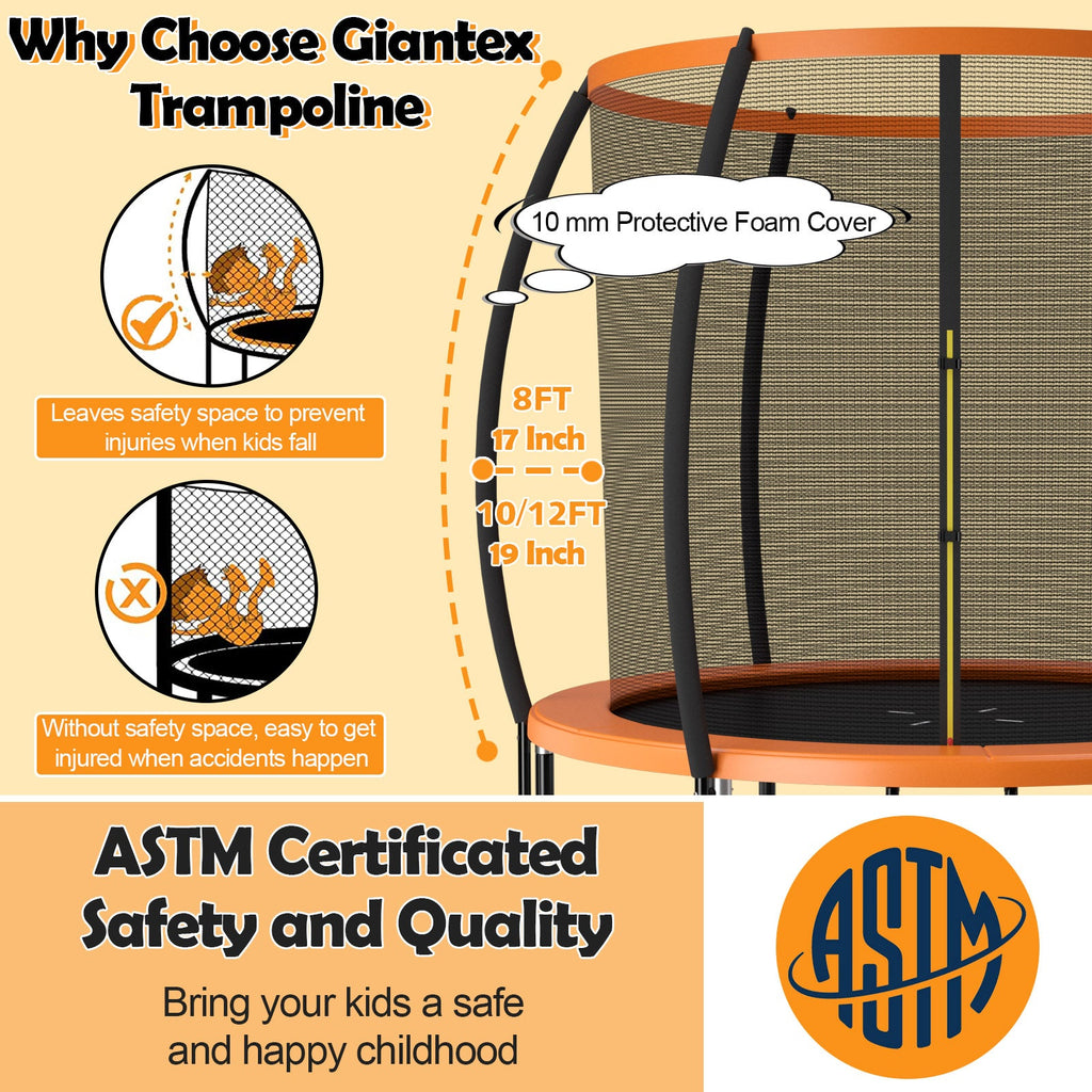 10 Feet ASTM Approved Recreational Trampoline with Ladder-Orange