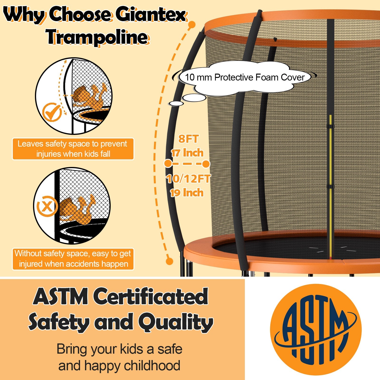 10 Feet ASTM Approved Recreational Trampoline with Ladder-Orange