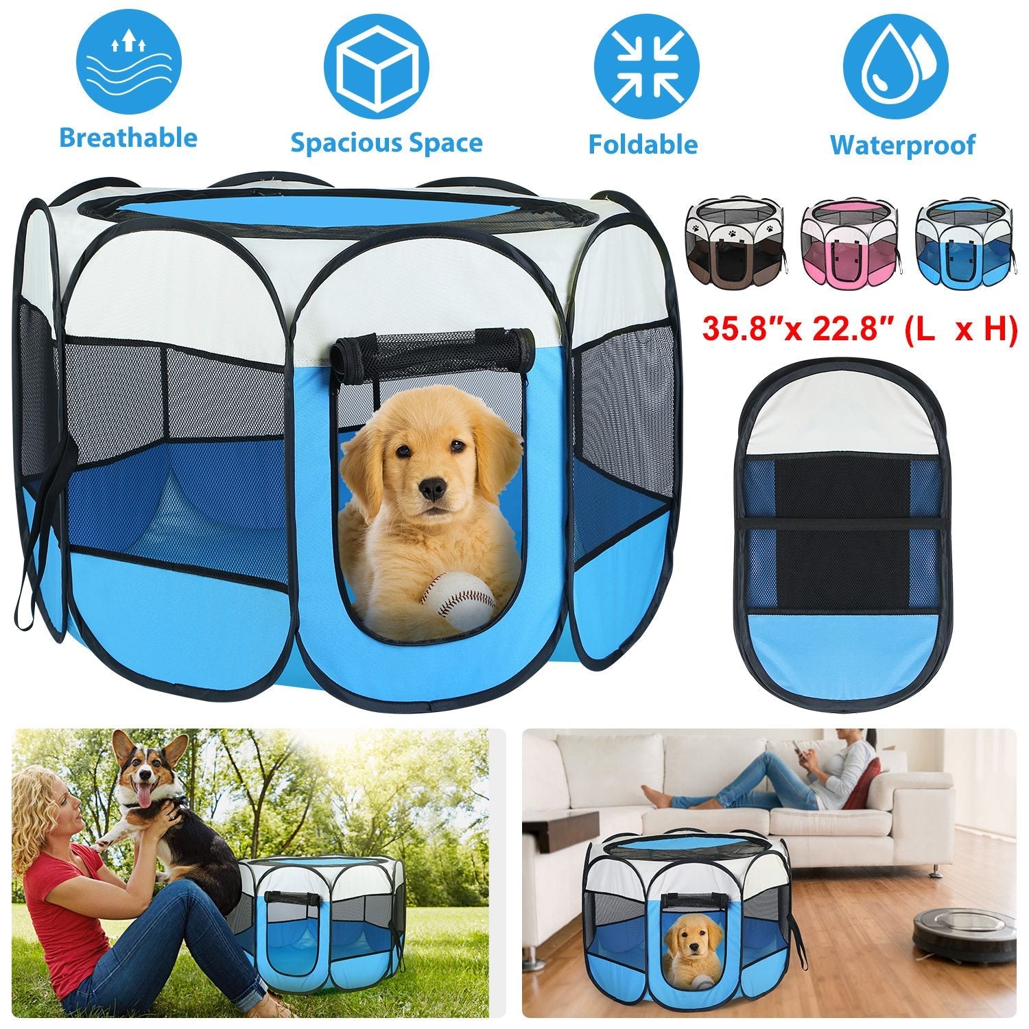 Portable Foldable Pet Tent Exercise Pen Kennel Removable Zipper Top and Bottom Water Resistant Indoor Outdoor Use For Dogs Cats Other Pets