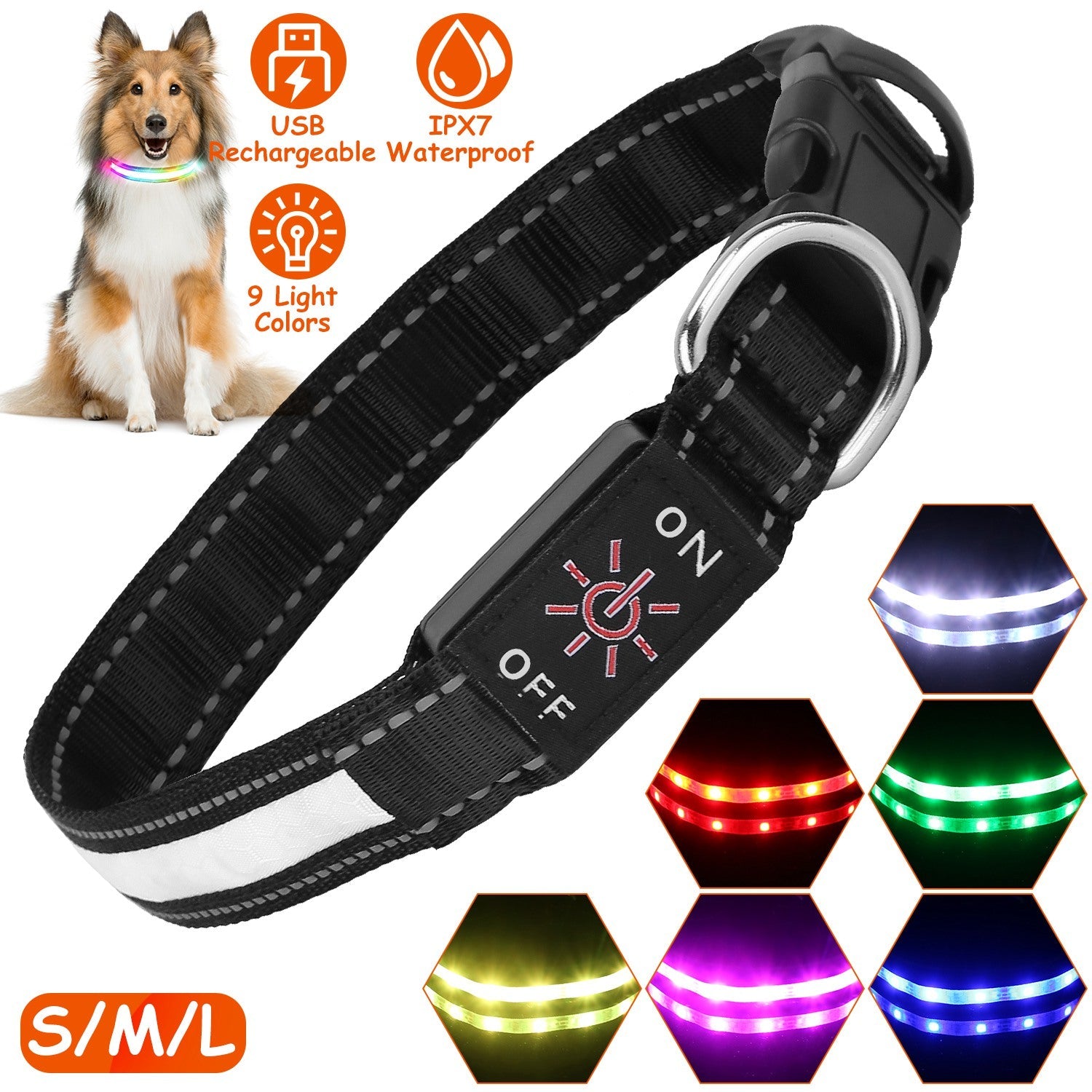Light Up Dog Collar LED Dog Collar Safety Night Glowing Dog Collar with 9 Light Colors IPX7 Waterproof USB Rechargeable S/M/L