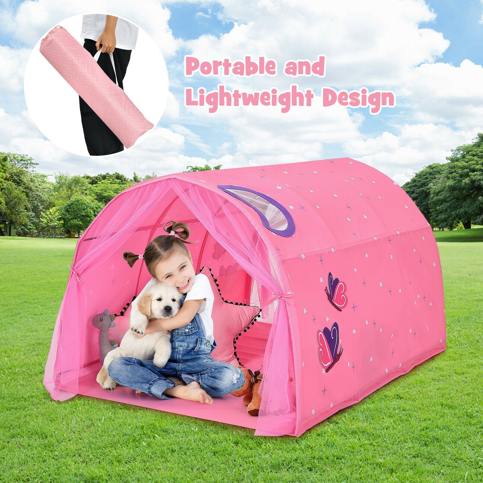 Kids Galaxy Starry Sky Dream Portable Play Tent with Double Net Curtain-Pink