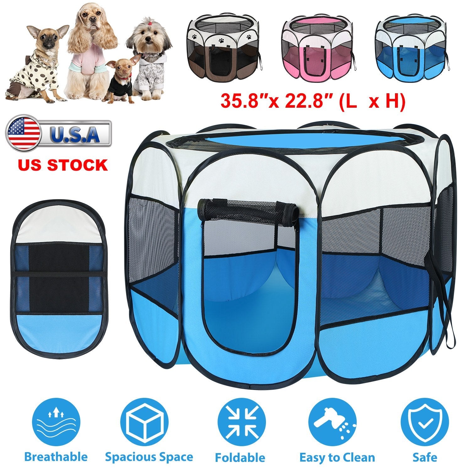 Portable Foldable Pet Tent Exercise Pen Kennel Removable Zipper Top and Bottom Water Resistant Indoor Outdoor Use For Dogs Cats Other Pets