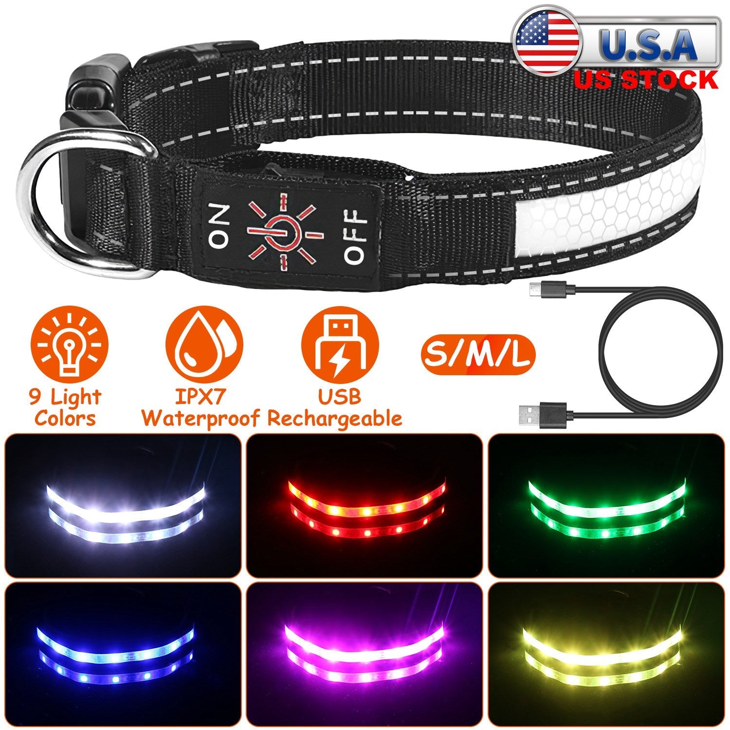 Light Up Dog Collar LED Dog Collar Safety Night Glowing Dog Collar with 9 Light Colors IPX7 Waterproof USB Rechargeable S/M/L
