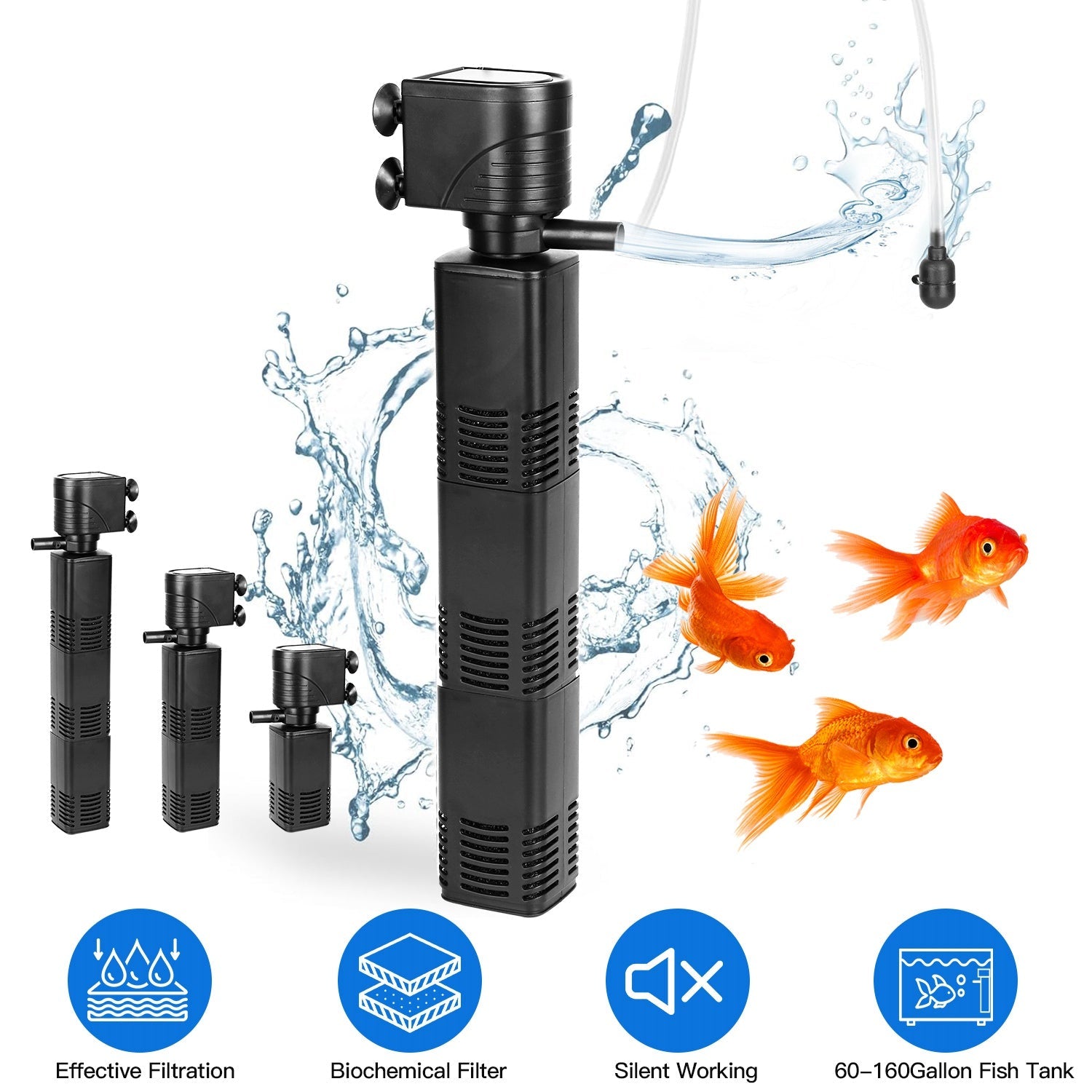 4 in 1 Submersible Aquarium Filter for 60 to 160Gallon Fish Tank Powerful Internal Fish Tank Filter with Biochemical Cotton Filter For Saltwater Fresh