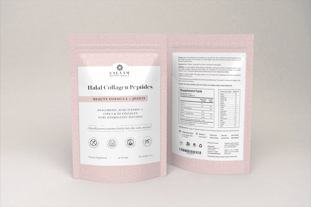 Pure Halal Collagen Hydrolyzed Peptides Type 1 & 3 Powder - With Vitamin C & Hyaluronic Acid | Salaam Nutritionals