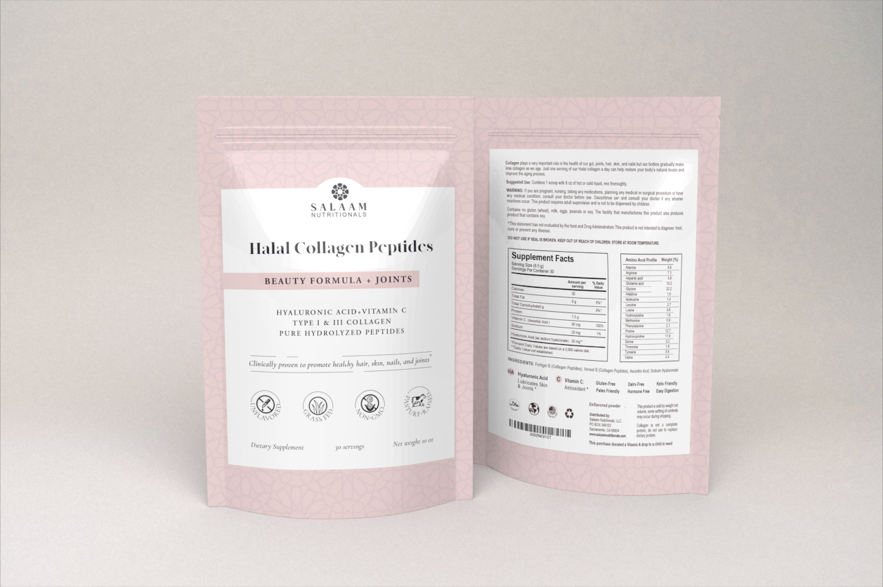 Pure Halal Collagen Hydrolyzed Peptides Type 1 & 3 Powder - With Vitamin C & Hyaluronic Acid | Salaam Nutritionals