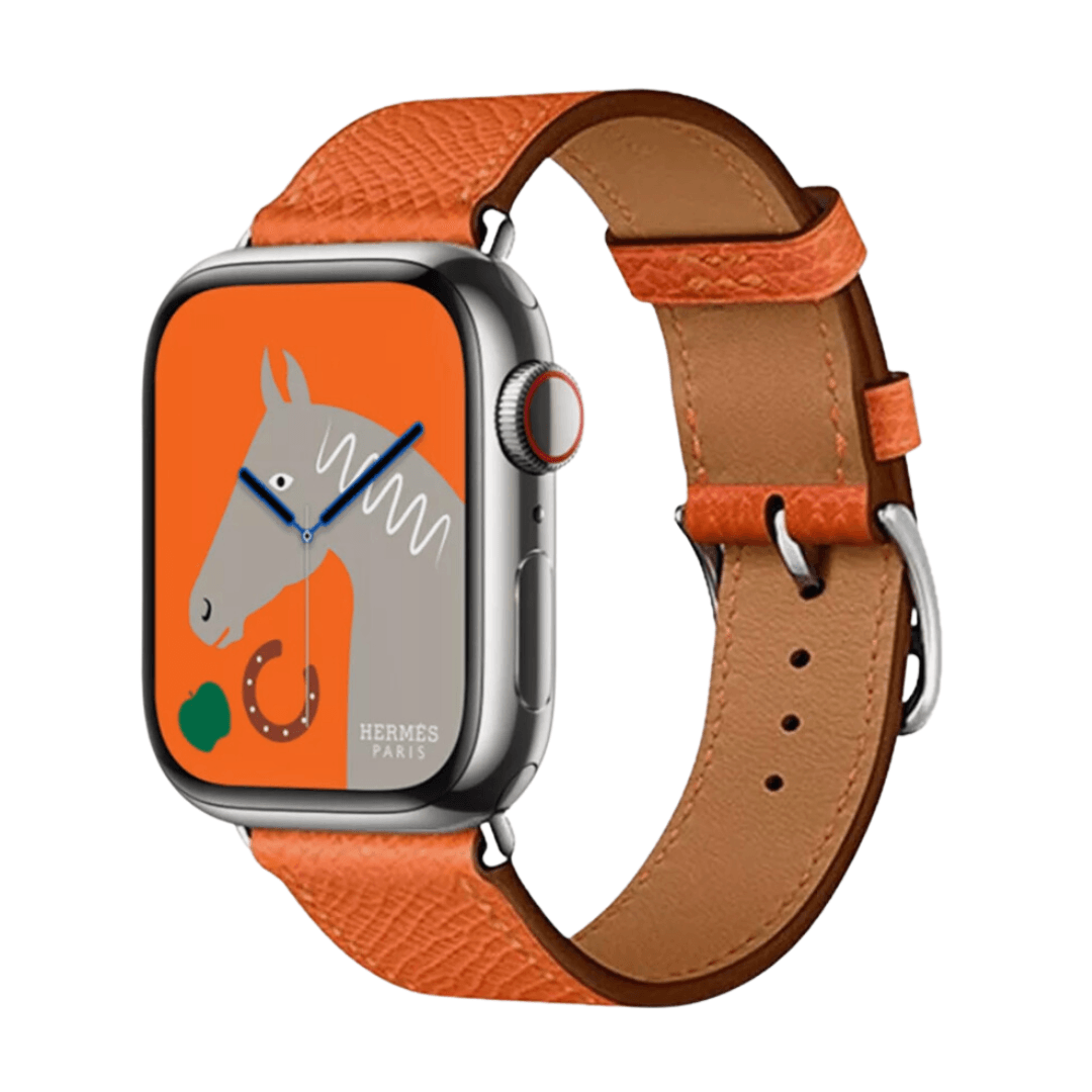 Hermes Apple Watch Series 7 GPS/ Cellular 45 mm - Stainless Steel Case - Orange Faux Leather Watch Band
