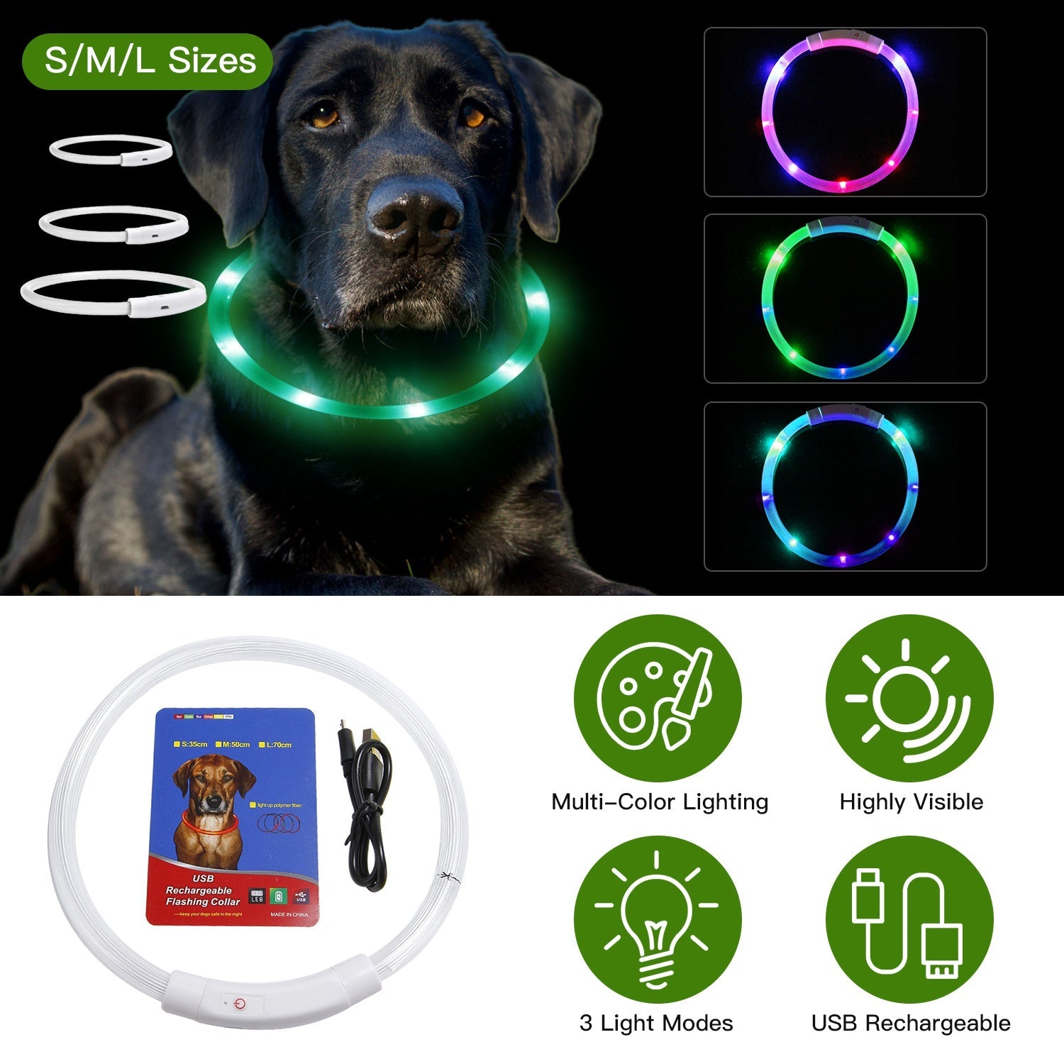 USB Rechargeable LED Dog Collar Multi-Color Lighting Dog Safety Collar Cuttable Length Glow Dog Collar For Small Medium Large Dog Night Walking