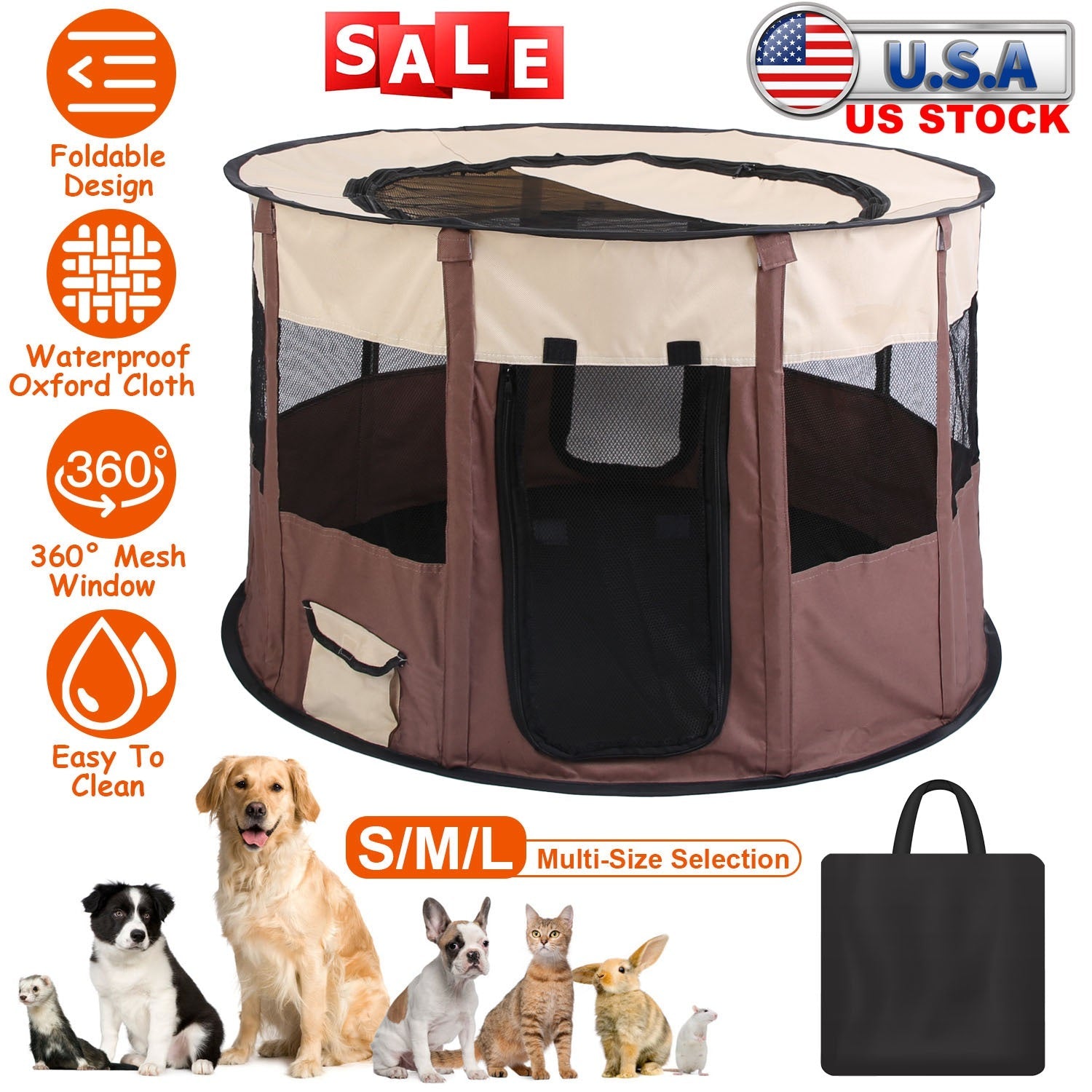 Foldable Playpen for Dog with Carry Bag Portable Travel Waterproof Indoor Outdoor Pet Cage Tent Detachable Upper Cover For Dog Cat Rabbit