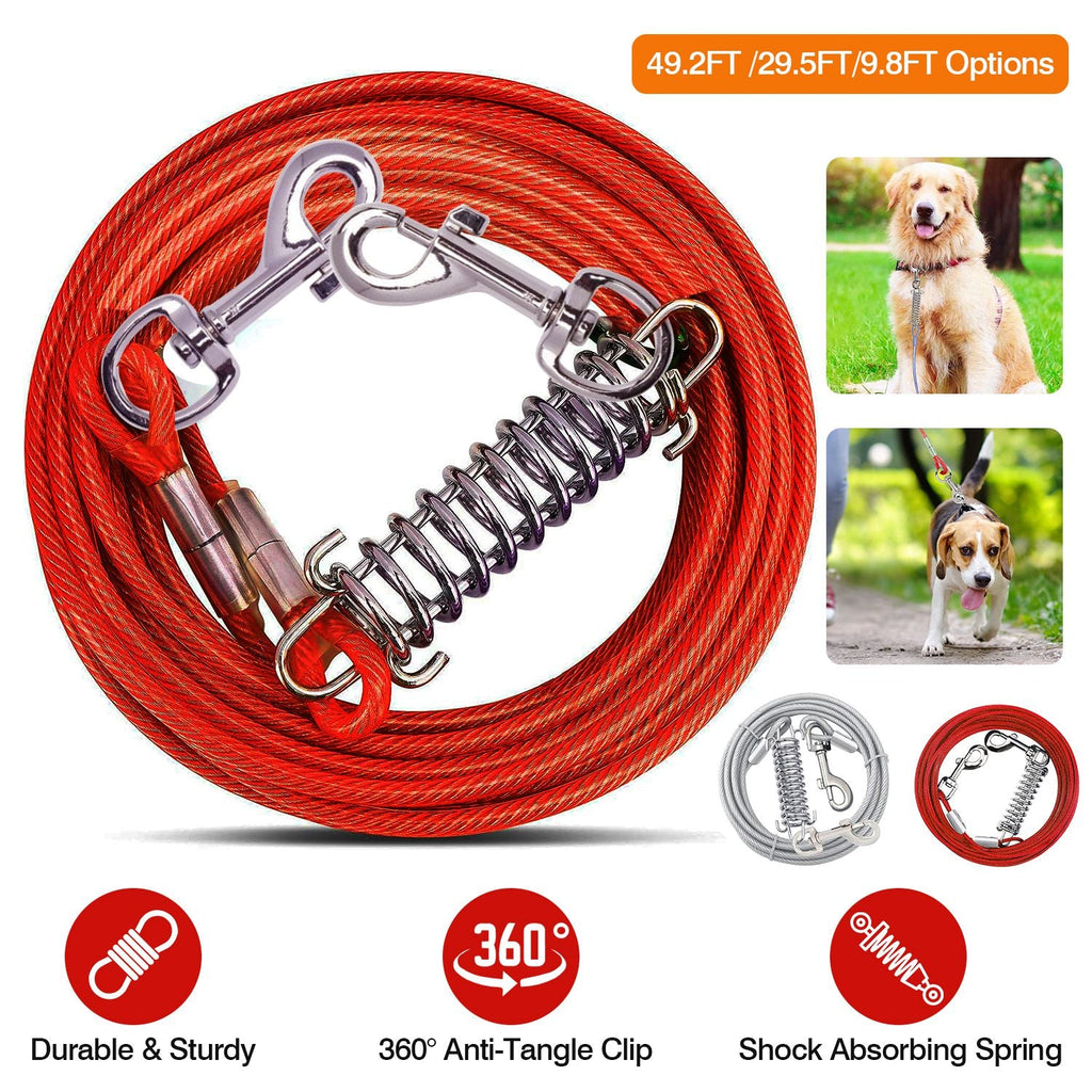 29.5FT Dog Tie Out Cable Long Dog Leash Chew Proof Lead Dog Chain with Durable Spring 360° Rotatable Clips PVC Case for Outside Yard Caming